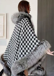 Women Black White Plaid Oversized Patchwork Fox Hair Cloak Winter