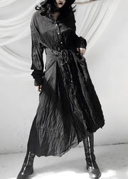 Women Black Wrinkled Button Tie Waist Maxi Shirts Dresses Fall