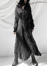 Women Black Wrinkled Button Tie Waist Maxi Shirts Dresses Fall