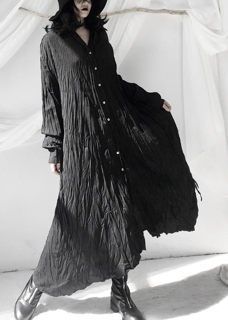 Women Black Wrinkled Button Tie Waist Maxi Shirts Dresses Fall