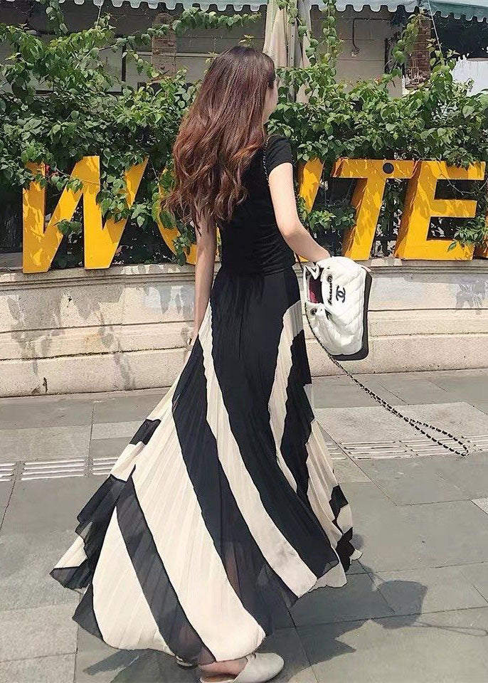 Women Black Wrinkled Patchwork Chiffon Skirts Spring