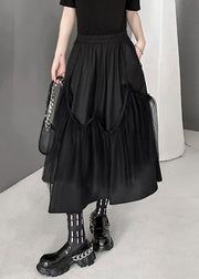 Women Black Wrinkled Pockets Elastic Waist Tulle Patchwork Skirts Fall