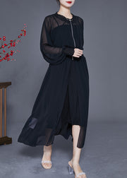 Women Black Zip Up Elastic Waist Chiffon UPF 50+ Coat Summer