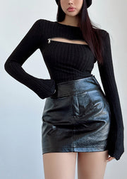 Women Black Zip Up Solid Knit Sweaters Fall