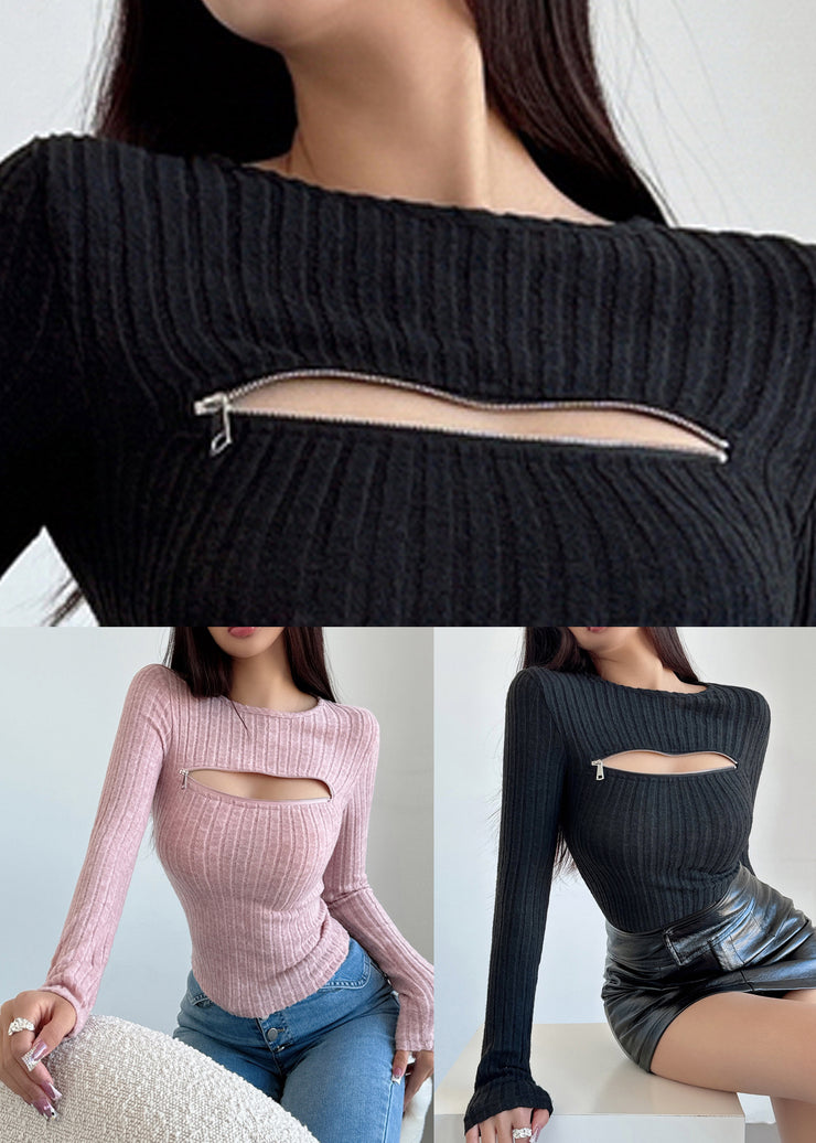 Women Black Zip Up Solid Knit Sweaters Fall