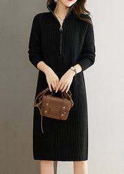 Women Black Zippered Patchwork Woolen Knit Dress Fall