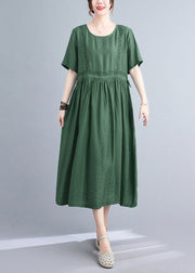 Women Blackish Green Embroideried Cinched Linen Silk Dress Summer