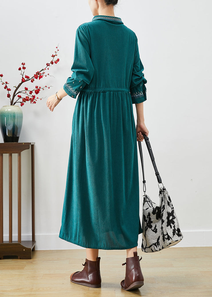 Women Blackish Green Embroideried Corduroy Cinched Dresses Fall