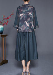 Women Blackish Green Embroideried Patchwork Print Silk Two Pieces Set Summer