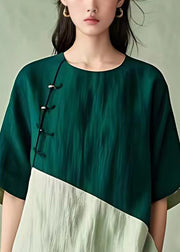 Women Blackish Green O Neck Button Cotton Shirt Half Sleeve