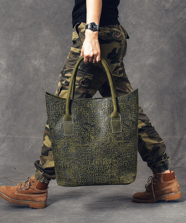 Women Blackish Green Oracle-Bone Inscriptions Embossing Calf Leather Satchel Handbag