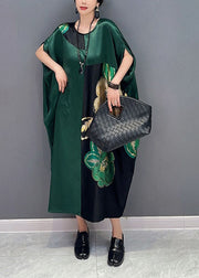 Women Blackish Green Oversized Patchwork Print Silk Dress Batwing Sleeve