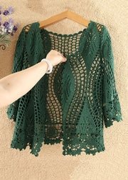 Women Blackish Green Solid Hollow Out Cotton Knit Cardigan Summer