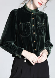 Women Blackish Green Stand Collar Button Silk Velour Shirt Long Sleeve