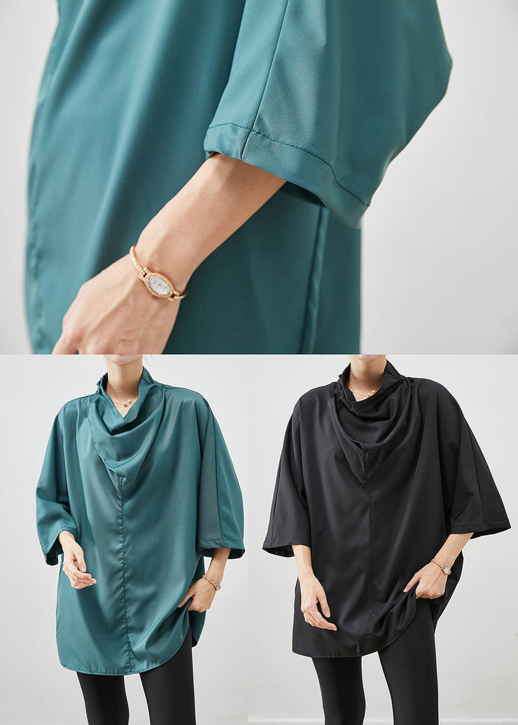 Women Blackish Green Turtle Neck Silk Shirt Bracelet Sleeve