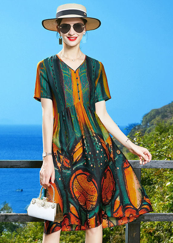 Women Blackish Green V Neck Wrinkled Print Silk Cinch Dresses Short Sleeve