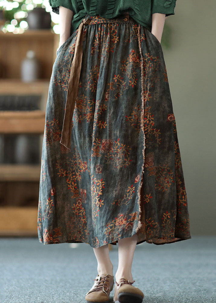 Women Blackish Green Wrinkled Pockets Patchwork Linen Skirts Summer