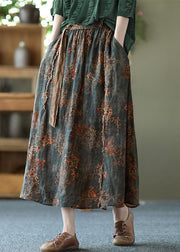 Women Blackish Green Wrinkled Pockets Patchwork Linen Skirts Summer