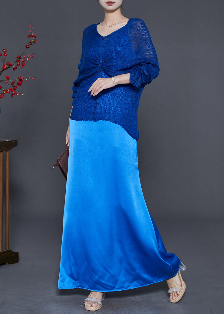 Women Blue Asymmetrical Design Knit Tops And Dresses Two Piece Suit Set Fall