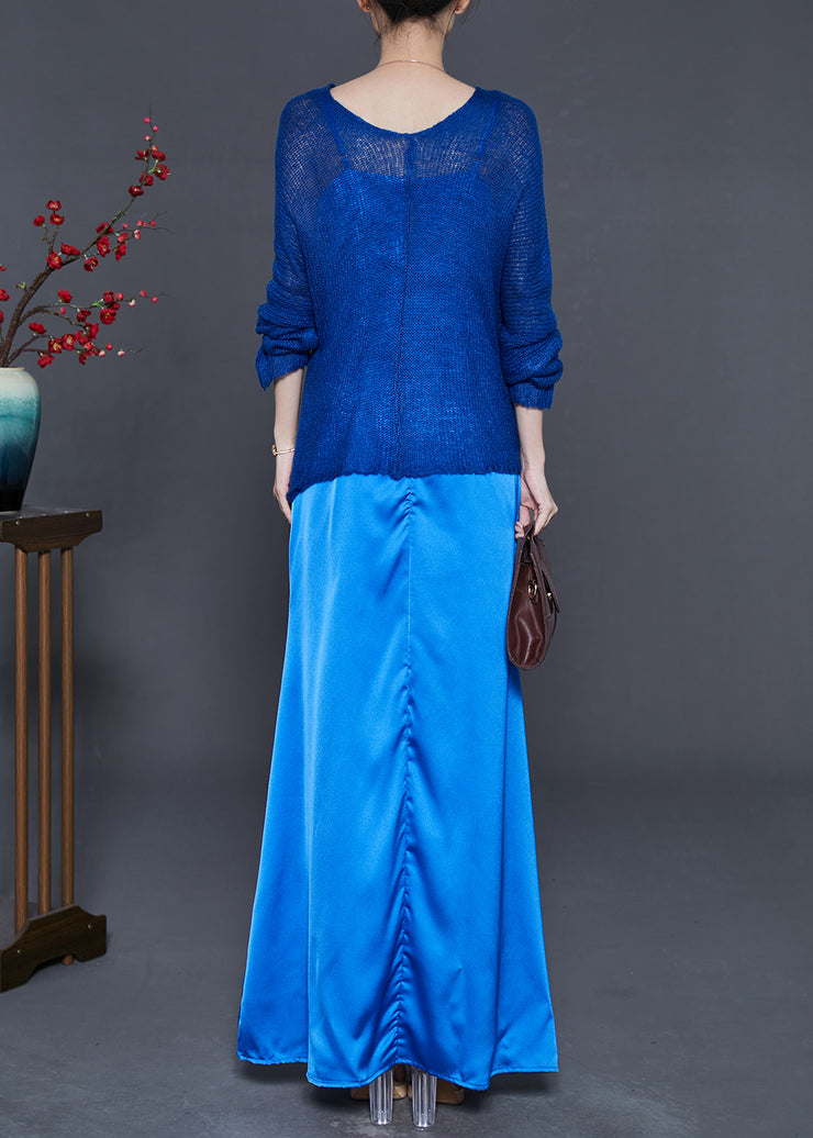 Women Blue Asymmetrical Design Knit Tops And Dresses Two Piece Suit Set Fall