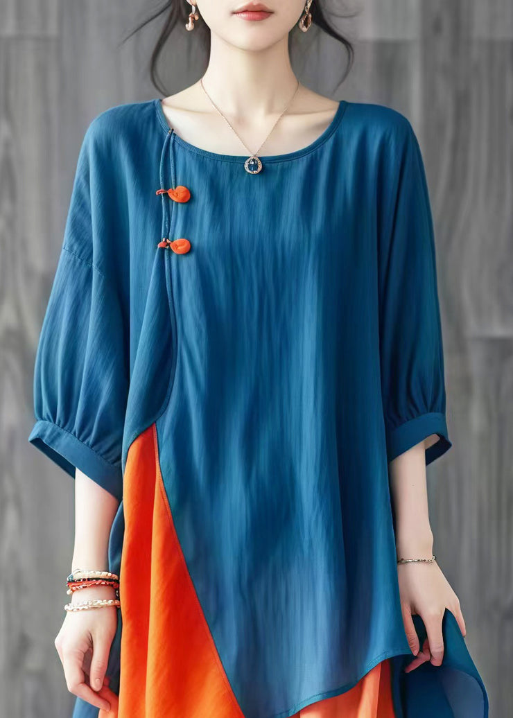 Women Blue Asymmetrical Patchwork Cotton Shirt Tops Summer