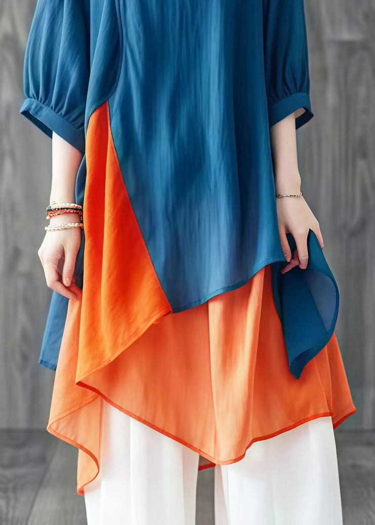 Women Blue Asymmetrical Patchwork Cotton Shirt Tops Summer