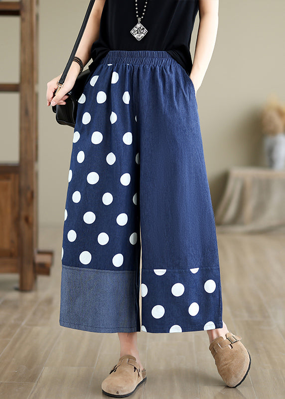 Women Blue Asymmetrical Patchwork Dot Print Pockets Wide Leg Pants Summer