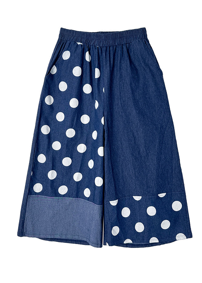 Women Blue Asymmetrical Patchwork Dot Print Pockets Wide Leg Pants Summer