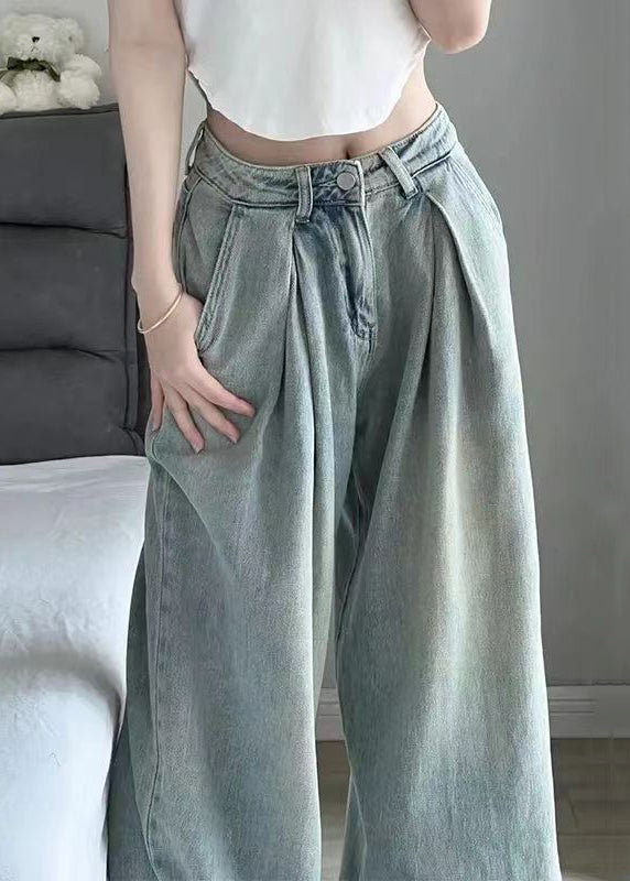 Women Blue Button Pockets High Waist Denim Pants Summer