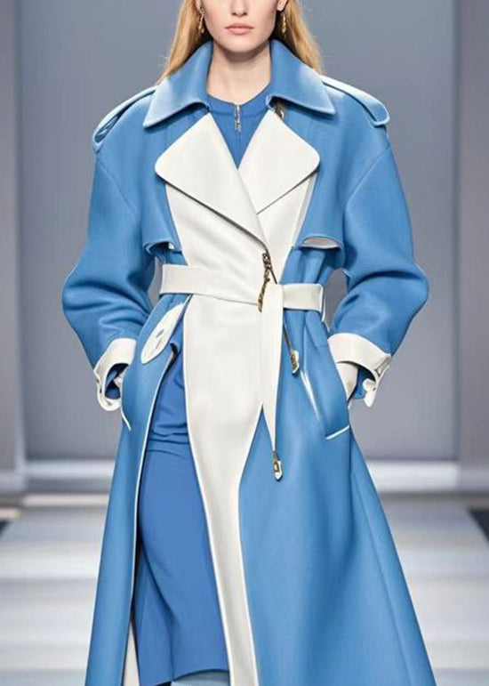 Women Blue Cinched Patchwork Faux Leather Trench Fall