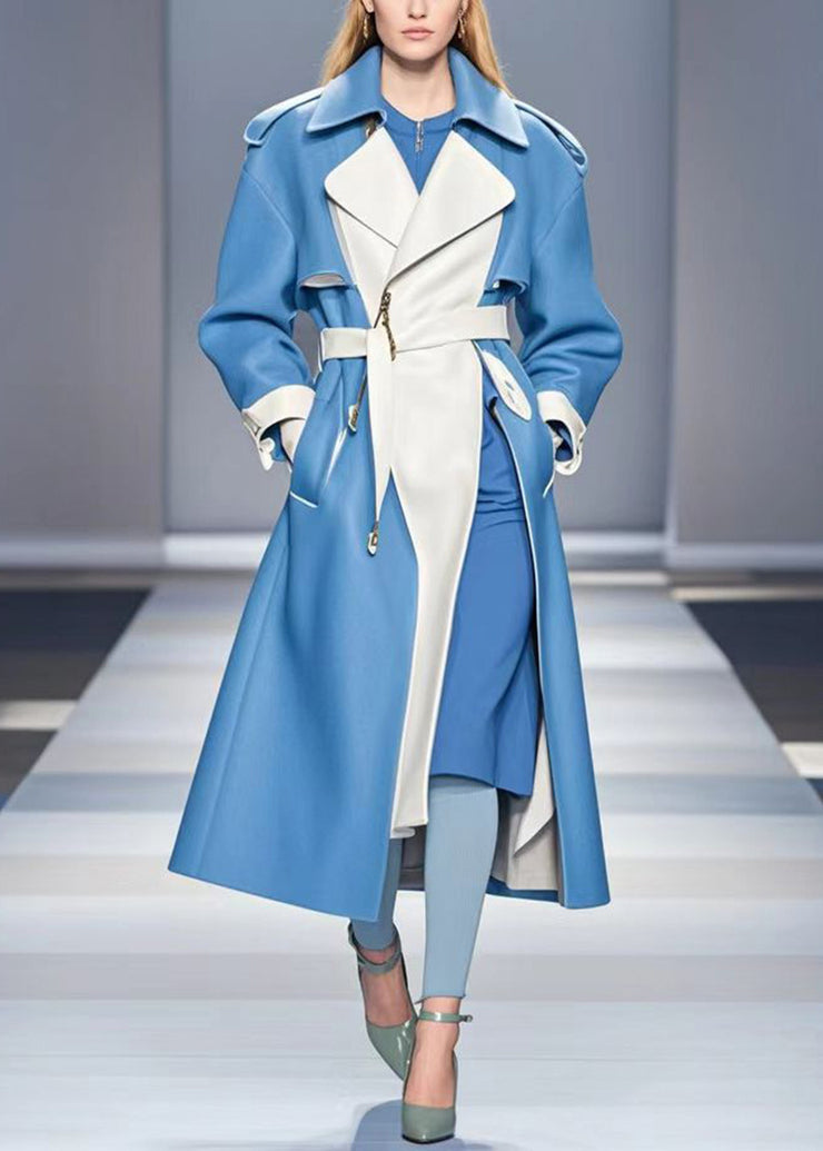 Women Blue Cinched Patchwork Faux Leather Trench Fall