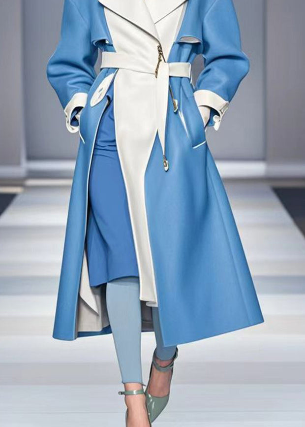 Women Blue Cinched Patchwork Faux Leather Trench Fall