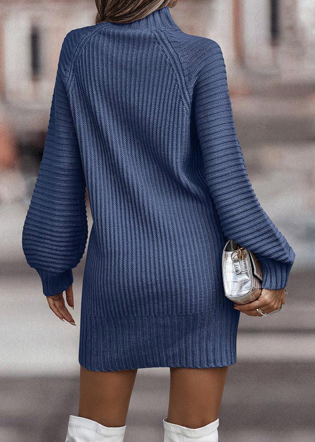 Women Blue Cozy Solid Knit Sweaters Dress Fall