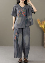 Women Blue Embroidered Tops And Crop Pants Denim Two Pieces Set Summer
