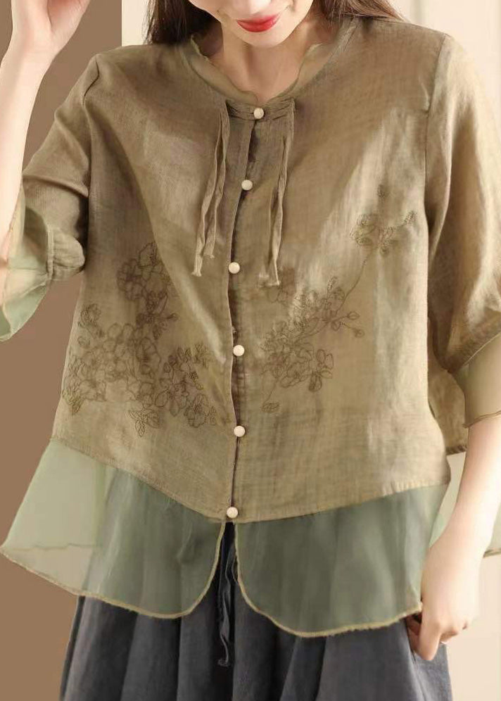 Women Blue Embroidered Tulle Patchwork Linen Shirt Summer