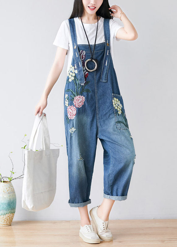 Women Blue Embroidered Cotton Denim Jumpsuits Spring