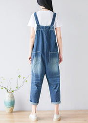 Women Blue Embroidered Cotton Denim Jumpsuits Spring