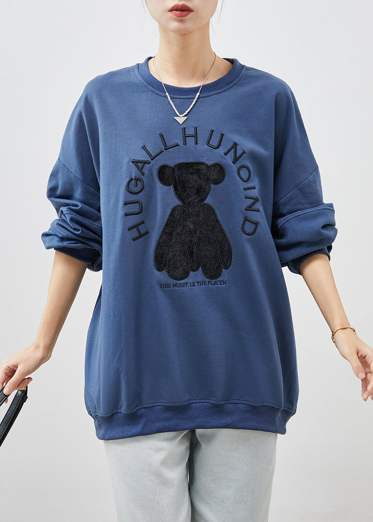 Women Blue Embroideried Oversized Cotton Pullover Streetwear Spring