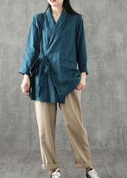 Women Blue Green Peter Pan Collar Tie Waist Linen Coats Long Sleeve