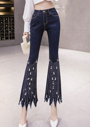 Women Blue High Waist Button Tassel Crop Jeans Spring