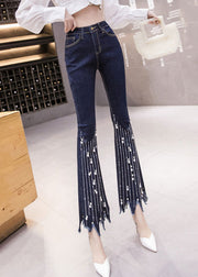 Women Blue High Waist Button Tassel Crop Jeans Spring