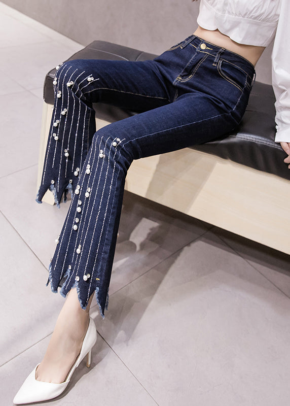 Women Blue High Waist Button Tassel Crop Jeans Spring