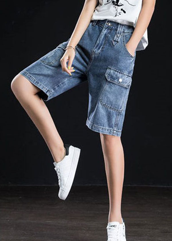 Women Blue High Waist Oversized Pockets Cotton Straight Shorts Summer