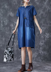 Women Blue Hooded Patchwork Pocket Denim Mid Dress Summer