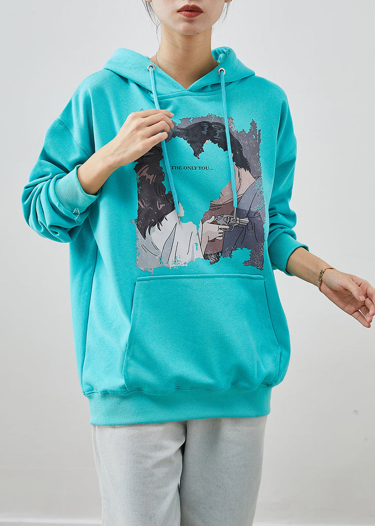 Women Blue Hooded PocketsPrint Cotton Sweatshirt Streetwear Fall