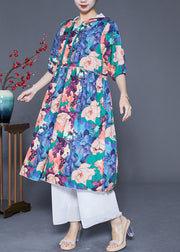 Women Blue Hooded Ruffled Print Silk Maxi Dresses Summer