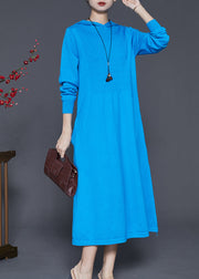 Women Blue Hooded Silm Fit Knit Long Dress Spring