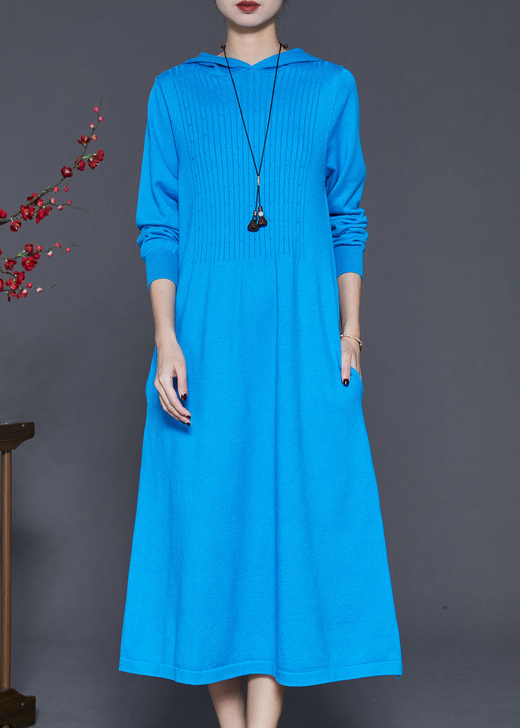 Women Blue Hooded Silm Fit Knit Long Dress Spring