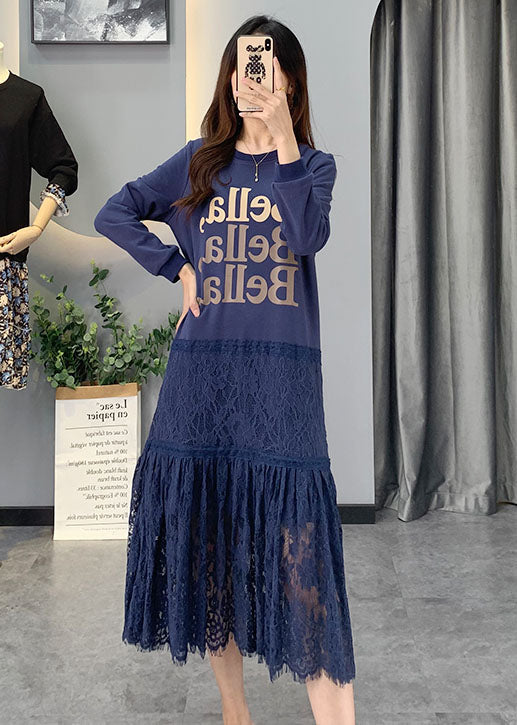 Women Blue Lace Patchwork Cotton Dress Spring