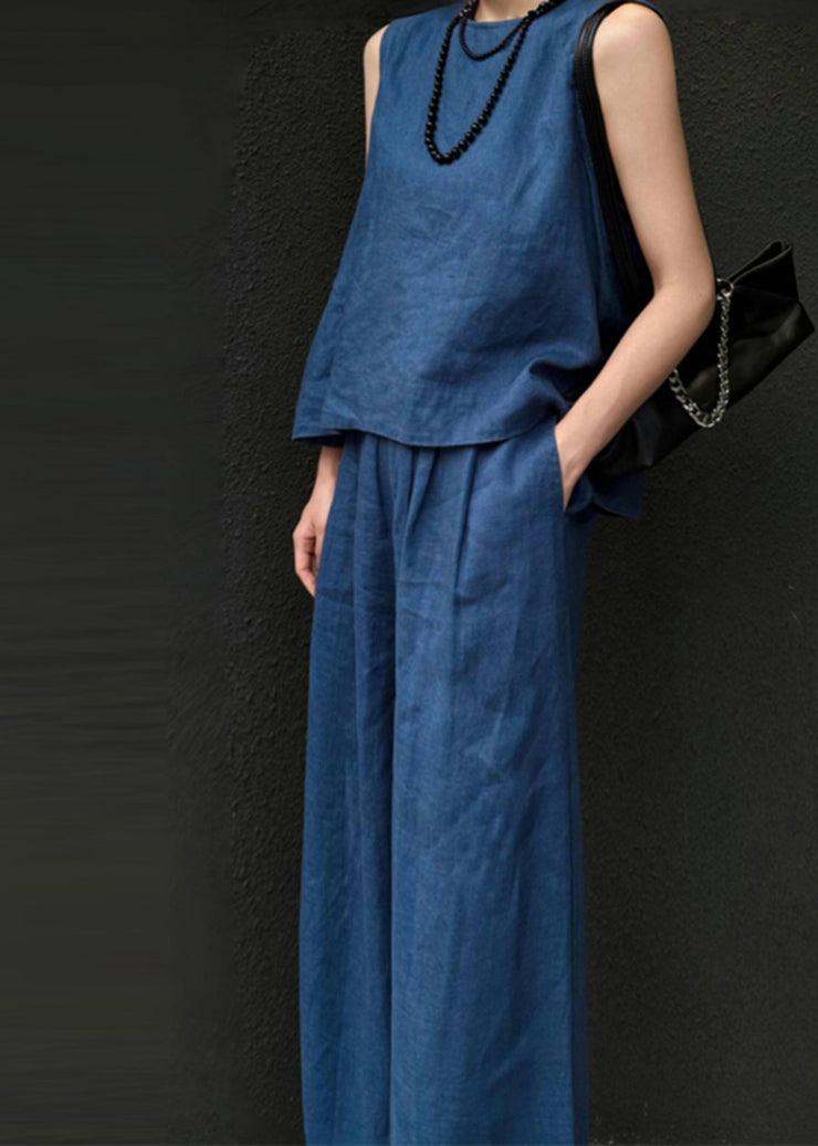 Women Blue Linen Vest And Wide Leg Pants Two Pieces Set Sleeveless